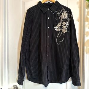 Black Pinstripe Men’s Button-Up Shirt with Graphic Detail